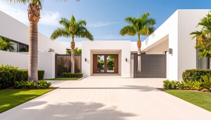 Opulent mansion entrance with grand driveway, ornate gates, and lush palm trees
