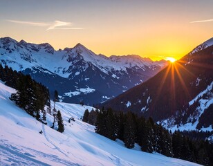 Snowy mountain valley at sunset, sun rays bursting through peaks
