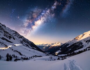 Snowy mountain valley at night, Milky Way galaxy visible in the sky