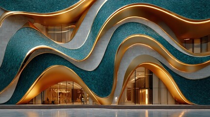 Luxury abstract building facade featuring gold accents fluid shapes and a high-contrast color palette