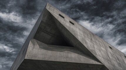 Dramatic exterior of an abstract concrete structure with angular geometry and striking negative spaces