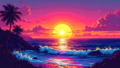 Vibrant digital painting depicts a sunset over the ocean and beach