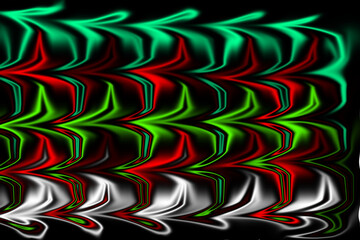 Abstract wavy pattern of red green and white on black background