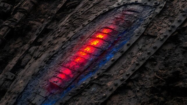 Illuminated machinery components industrial site close-up imagery urban environment abstract concept