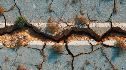 Cracked road earthquake damage asphalt texture fissure broken pavement fault line dry soil erosion urban decay aerial view with emotion of tension and fragility felt across scene