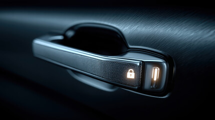 Sleek car door handle holographic padlock icon secure access modern vehicle interior black metal texture minimal light closeup macro detail futuristic design vibe safety concept clean surface