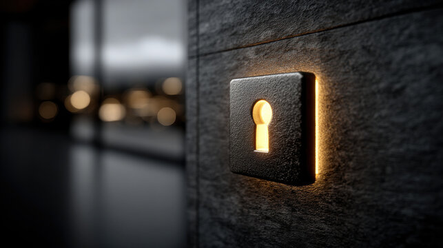 Modern door lock security smart technology glowing keyhole wall minimal dark metallic serenity blends with modern door lock security smart technology glowing keyhole on textured wall