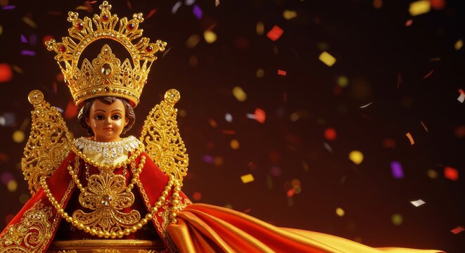 Sinulog Festival, Santo Ni&ntilde;o crown and bright red-gold cloth near confetti background