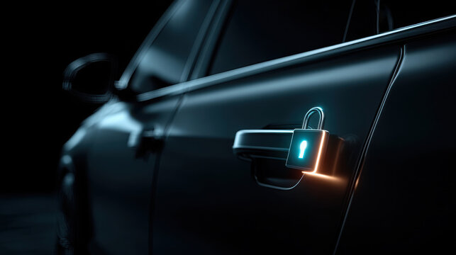 Sleek car door modern vehicle digital lock security technology encryption smart access night neon light glow cyber safety protection transport detail metal black blue orange futuristic mood