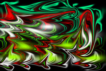 Abstract swirling colors of red green and white on black background