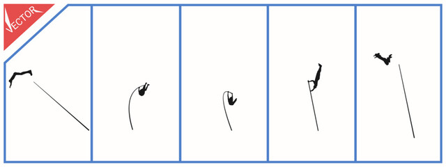 Set of silhouettes of pole vaulters in action. White background. Vector illustration.