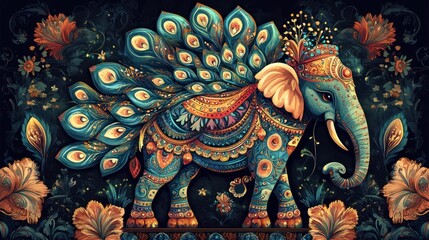 Obraz premium Ornate Elephant with Peacock Feathers, Floral Background, Decorative Art, Print Use