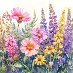 Watercolor illustration of colorful wildflower meadow in bloom
