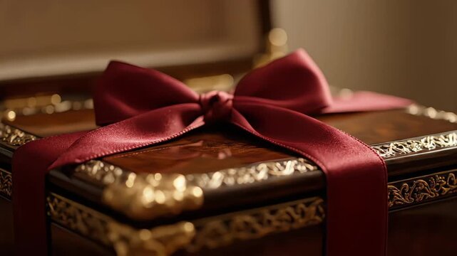 Elegant wooden box tied with a deep red satin ribbon forming a beautiful bow on top
