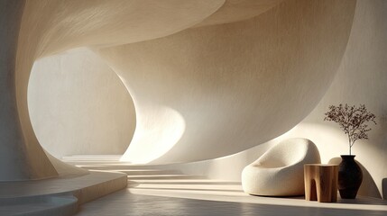 Zen-inspired abstract interior design space with soft curves sand-like textures and a calming monochrome palette