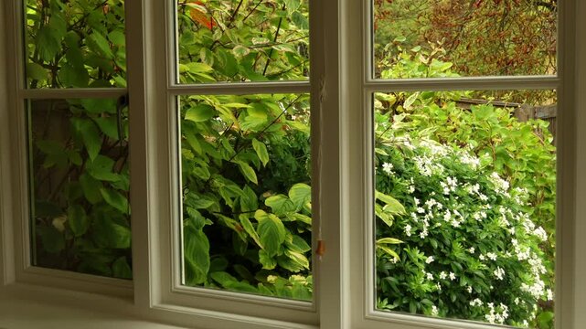 Lush english garden view through a sash window. Cotswolds countryside, England