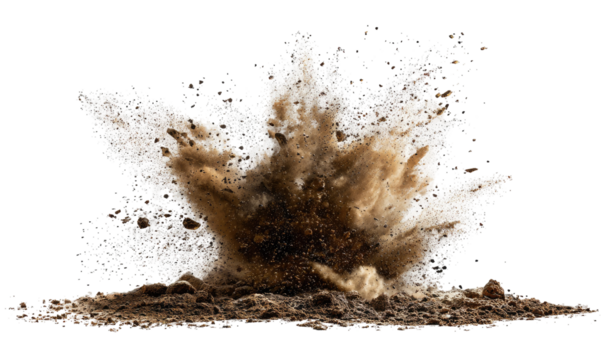 Powerful earth explosion;  brown dust cloud erupts