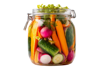 Pickled vegetables in glass jar isolated on transparent background
