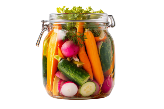 Pickled vegetables in glass jar isolated on transparent background