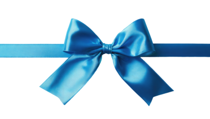 A vibrant, glossy, cerulean blue bow sits atop a wide ribbon