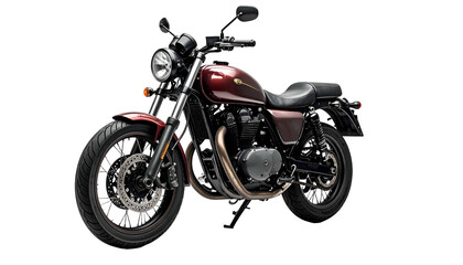 Maroon motorcycle, classic design, front view, black background