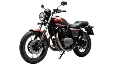 Maroon motorcycle, classic design, front view, black background