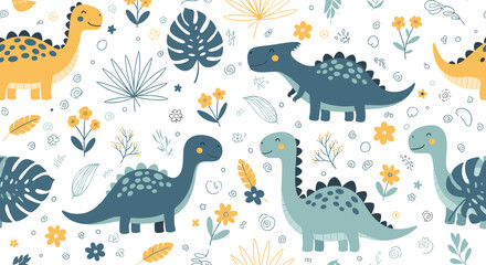 Naklejka premium A delightful collection of friendly cartoon dinosaurs and whimsical flora forming a seamless pattern.
