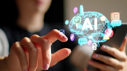 AI Brain Interface on Smartphone Woman Interacts with Holographic AI Brain - Powered by Adobe