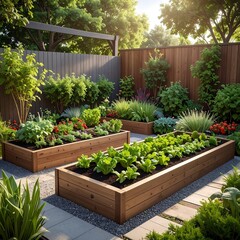 Well-manicured raised beds with lush plants and greenery in a sunlit garden