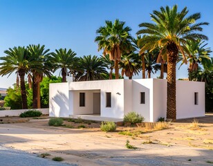 White building nestled among palm trees in an arid landscape