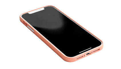 A peach-colored phone case encloses a dark-screened smartphone, angled slightly.  The case has a smooth, slightly raised border around the phone