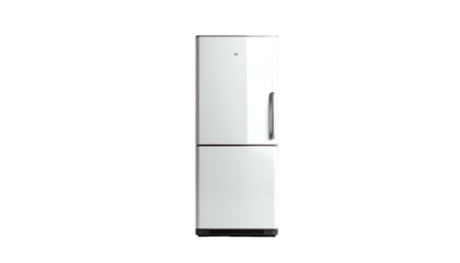 Minimalist, white, two-door refrigerator stands against black
