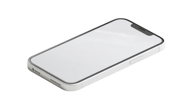 A white smartphone angled, showing a blank screen