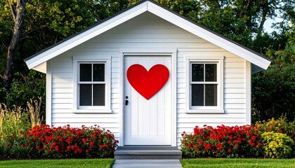 White cottage with a red heart on the door, framed by greenery
