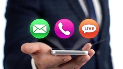 Contact Options Hologram on Smartphone Email, Phone Call, Live Chat