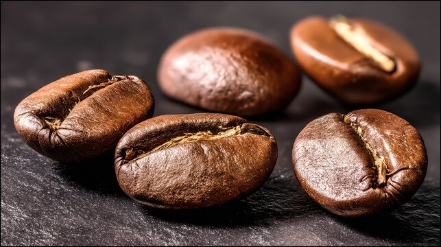 stimulant. A macro shot of roasted coffee beans with textured details on a dark slate background. bar promotions, beverage menus, designed for product packaging and bar promotions.