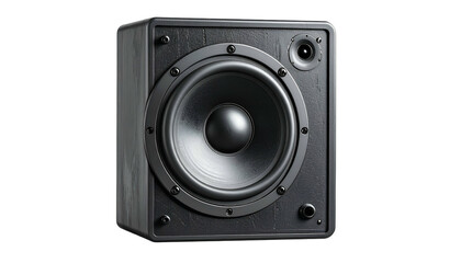 Textured gray box speaker with visible tweeter and woofer