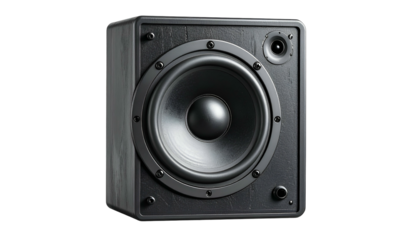Textured gray box speaker with visible tweeter and woofer