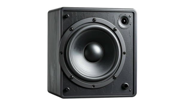 Textured gray box speaker with visible tweeter and woofer