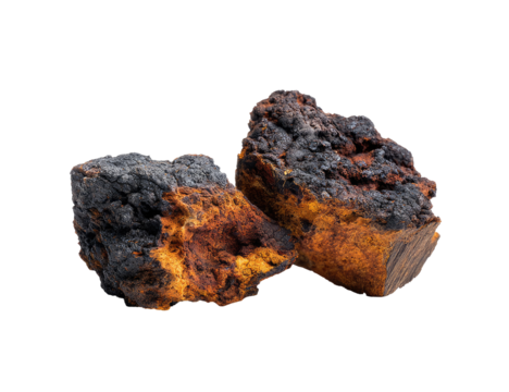 Two chunks of  burnt,  orange-red wood