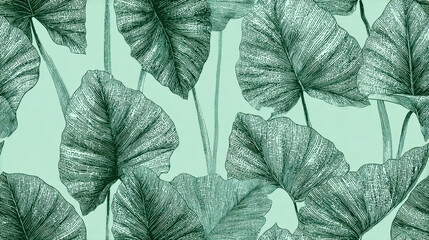 Alocasia robusta with large arrowhead leaves illustrated in bold green linework — a seamless botanical pattern on a mint-colored background