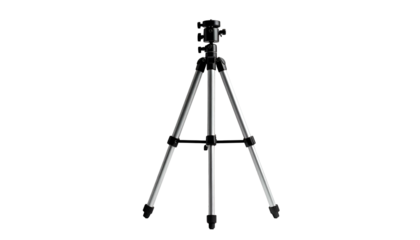 Shiny metal photography tripod stands against a stark black backdrop