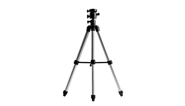 Shiny metal photography tripod stands against a stark black backdrop
