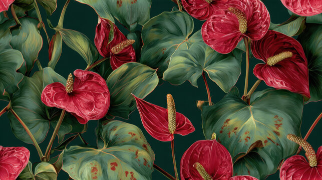 Anthurium andraeanum with deep red spathes and lush glossy green leaves — a seamless botanical pattern blending tropical luxury and vibrant contrast on a rich dark green background
