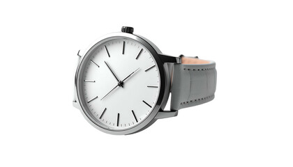 Wristwatch with simple dial, light grey band on black background