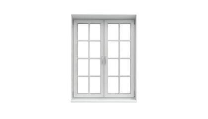 White-framed window with symmetrical grid pattern against black