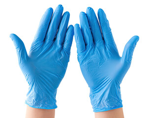Fototapeta premium Pair of bright-blue nitrile gloves, hands facing forward