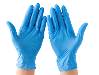Pair of bright-blue nitrile gloves, hands facing forward