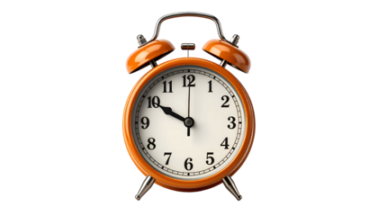 Vibrant orange twin-bell alarm clock against a stark black backdrop