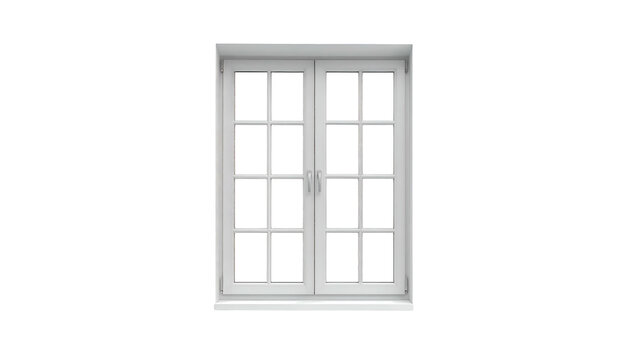 White-framed window with symmetrical grid pattern against black